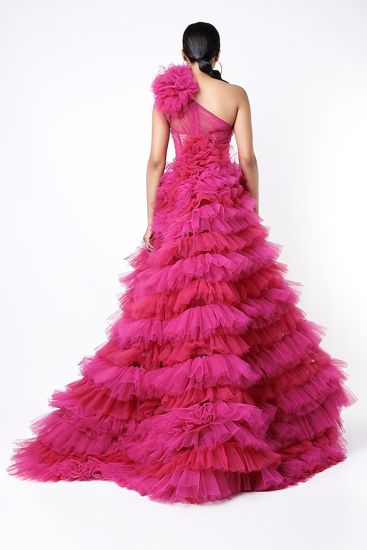 Fuchsia Ruffle One Shoulder Wedding Gown by Bennu Sehgal at Pernia's Pop Up Shop