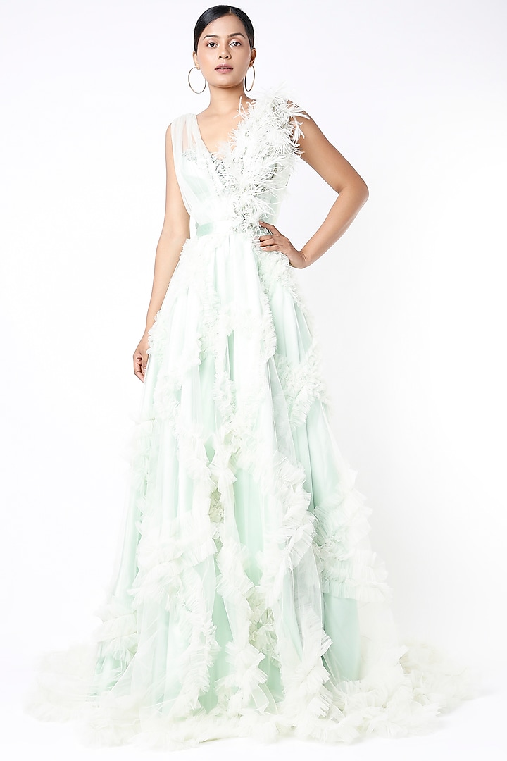 Mint Ruffled Gown by Bennu Sehgal