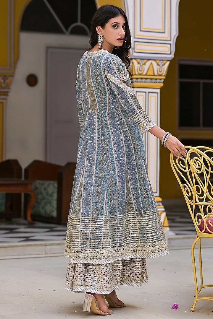 Blue Embroidered Angrakha Kurta Set by Bairaas at Pernia's Pop Up Shop