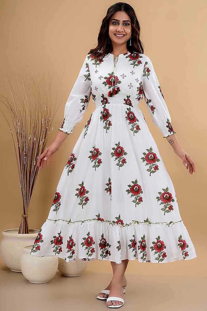 White Floral Printed Dress by Bairaas