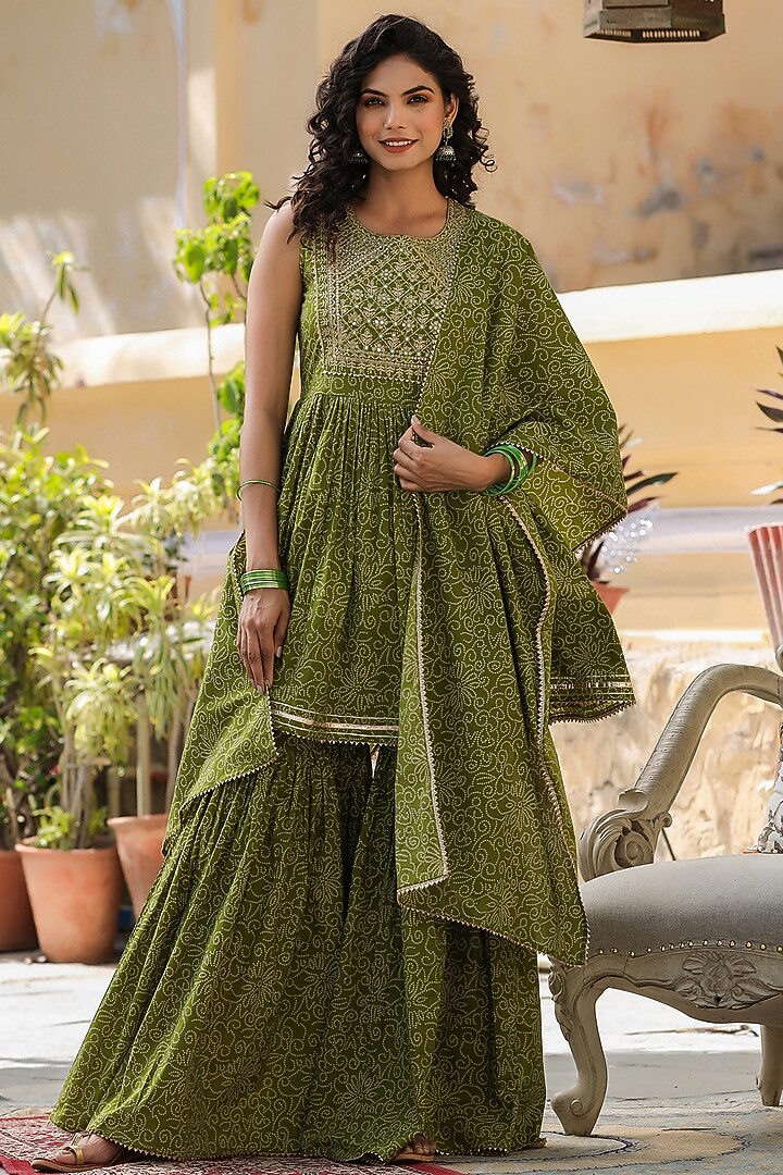 Green Bandhej Printed Sharara Set by Bairaas at Pernia's Pop Up Shop