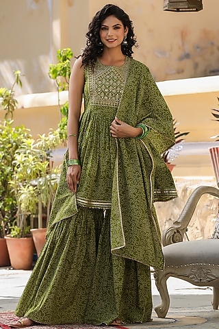 Green Bandhej Printed Sharara Set by Bairaas