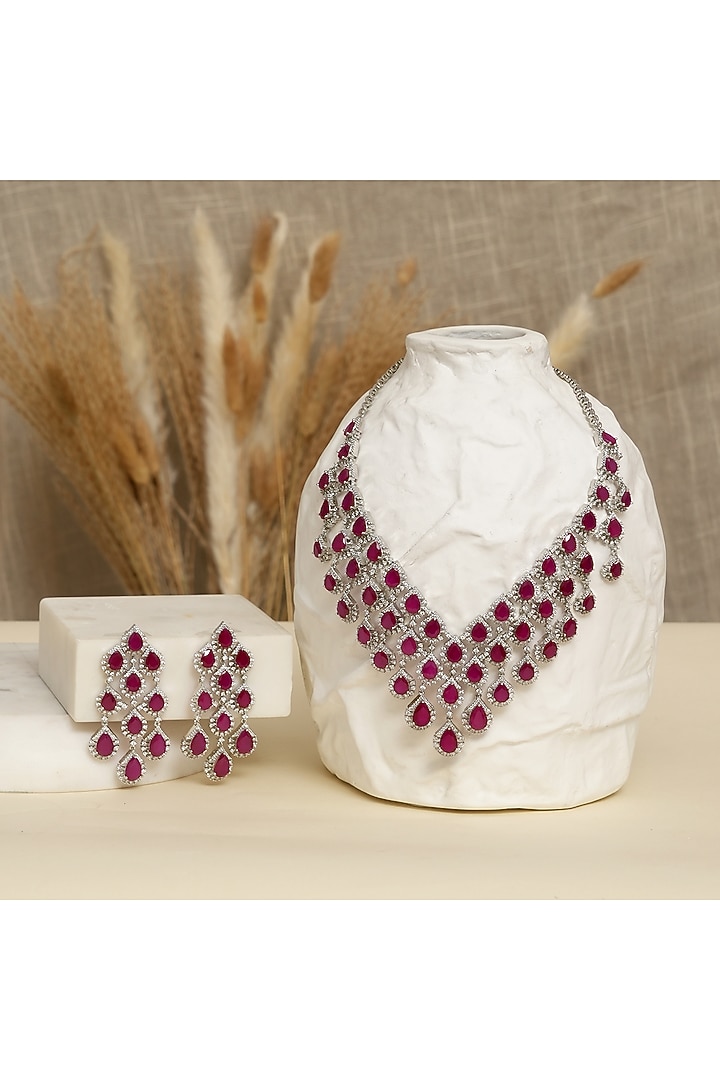 White Rhodium Finish Diamond & Ruby Stone Layered Necklace Set by Beryachi at Pernia's Pop Up Shop