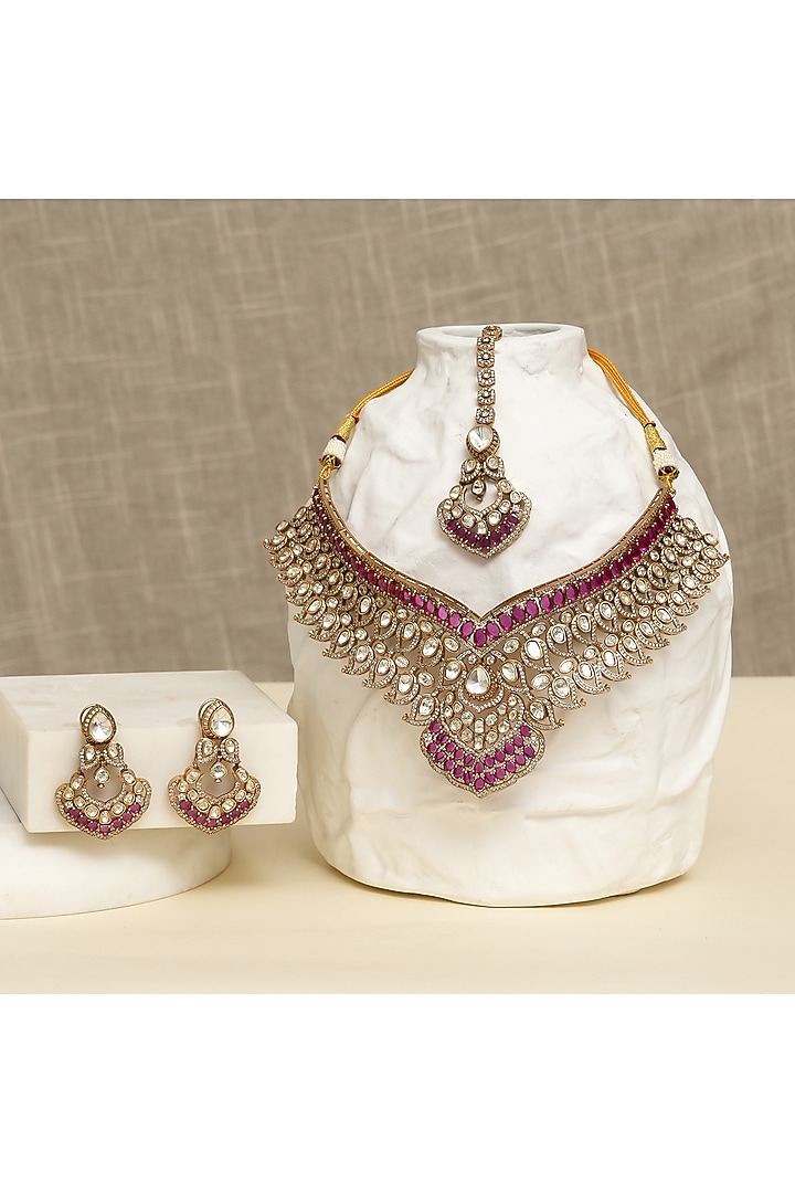 Gold Finish Kundan Polki & Ruby Stone Necklace Set by Beryachi at Pernia's Pop Up Shop