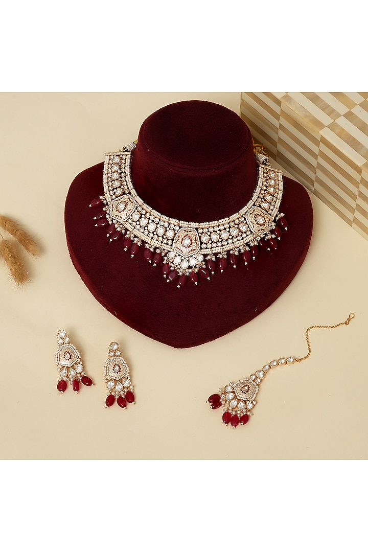 Gold Finish Kundan Polki Meenakari Necklace Set by Beryachi at Pernia's Pop Up Shop