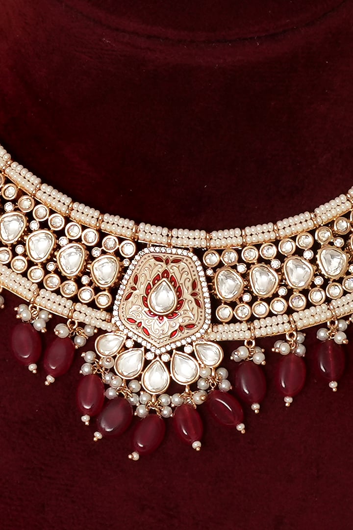 Gold Finish Kundan Polki Meenakari Necklace Set by Beryachi at Pernia's Pop Up Shop