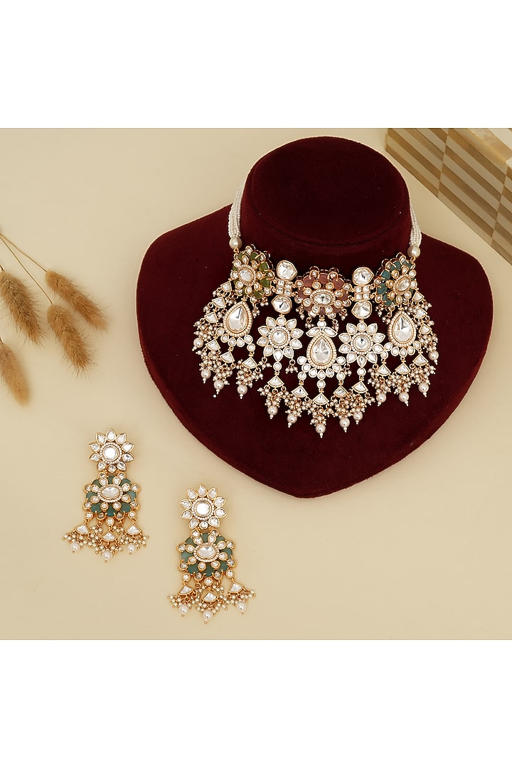 Gold Plated Kundan Polki & Multi-Colored Stone Choker Necklace Set by Beryachi at Pernia's Pop Up Shop