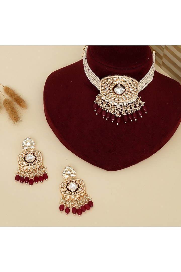 Gold Plated Kundan Polki & Red Stone Choker Necklace Set by Beryachi at Pernia's Pop Up Shop
