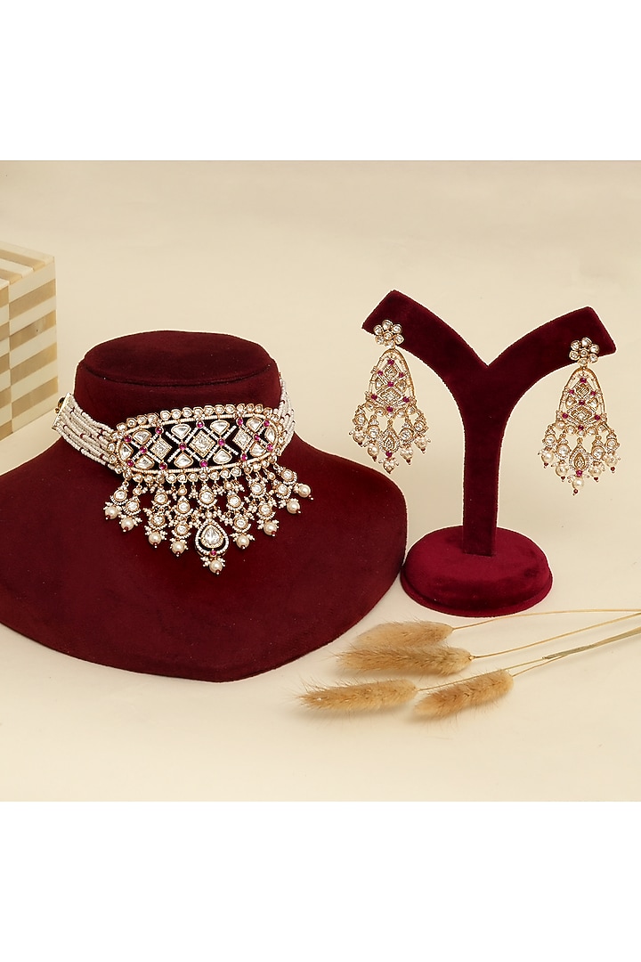 Gold Plated Kundan Polki & Ruby Stone Choker Necklace Set by Beryachi at Pernia's Pop Up Shop