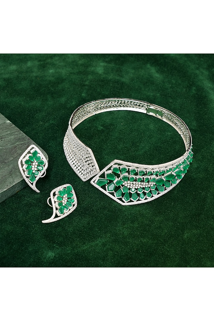 Gold Finish Zircon & Emerald Stone Hasli Necklace Set by Beryachi at Pernia's Pop Up Shop