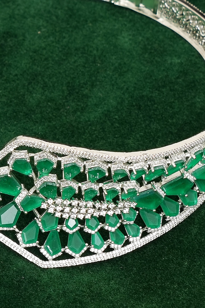 Gold Finish Zircon & Emerald Stone Hasli Necklace Set by Beryachi at Pernia's Pop Up Shop