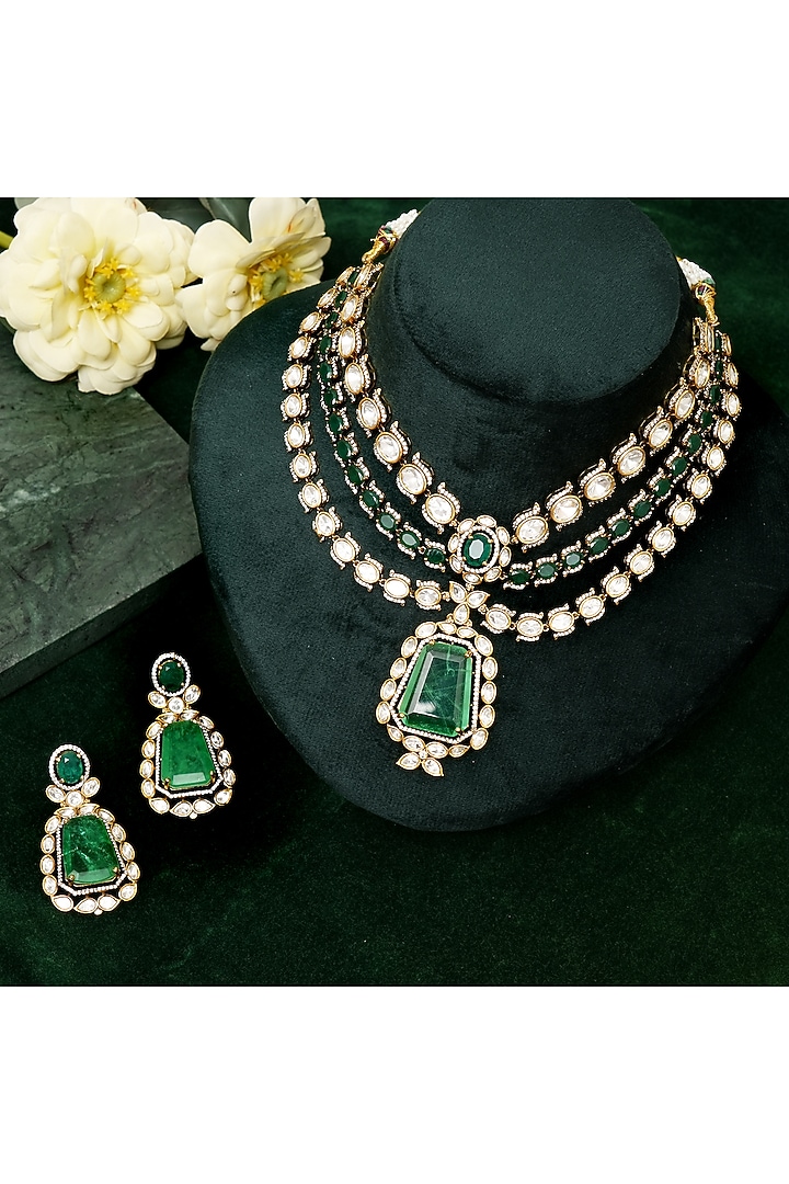 Gold Plated Kundan Polki & Emerald Stone Layered Necklace Set by Beryachi at Pernia's Pop Up Shop