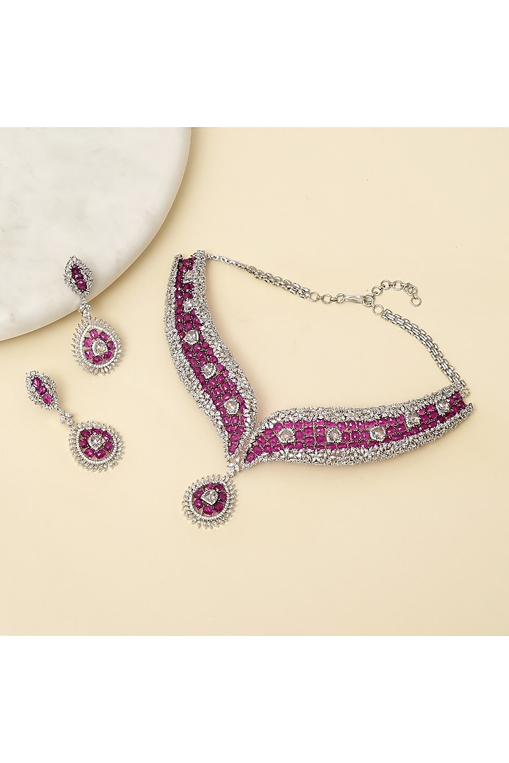 Silver Finish Zircon & Ruby Stone Necklace Set by Beryachi at Pernia's Pop Up Shop