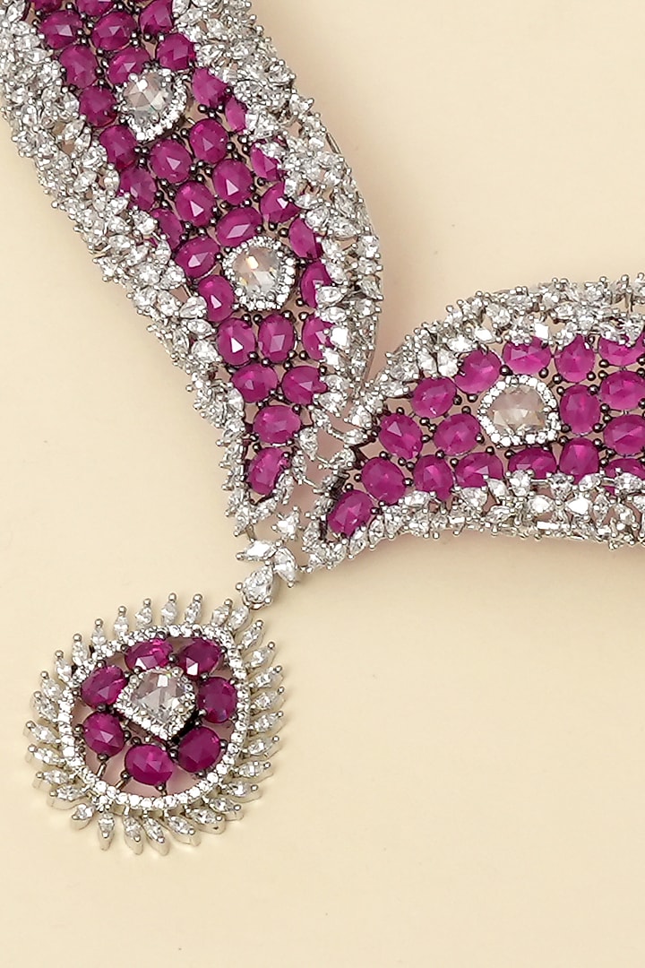 Silver Finish Zircon & Ruby Stone Necklace Set by Beryachi at Pernia's Pop Up Shop