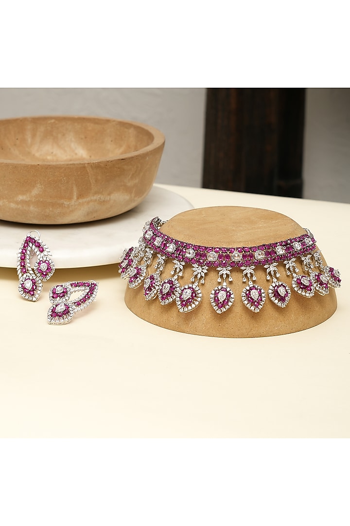 Silver Finish Zircon & Ruby Stone Necklace Set by Beryachi at Pernia's Pop Up Shop