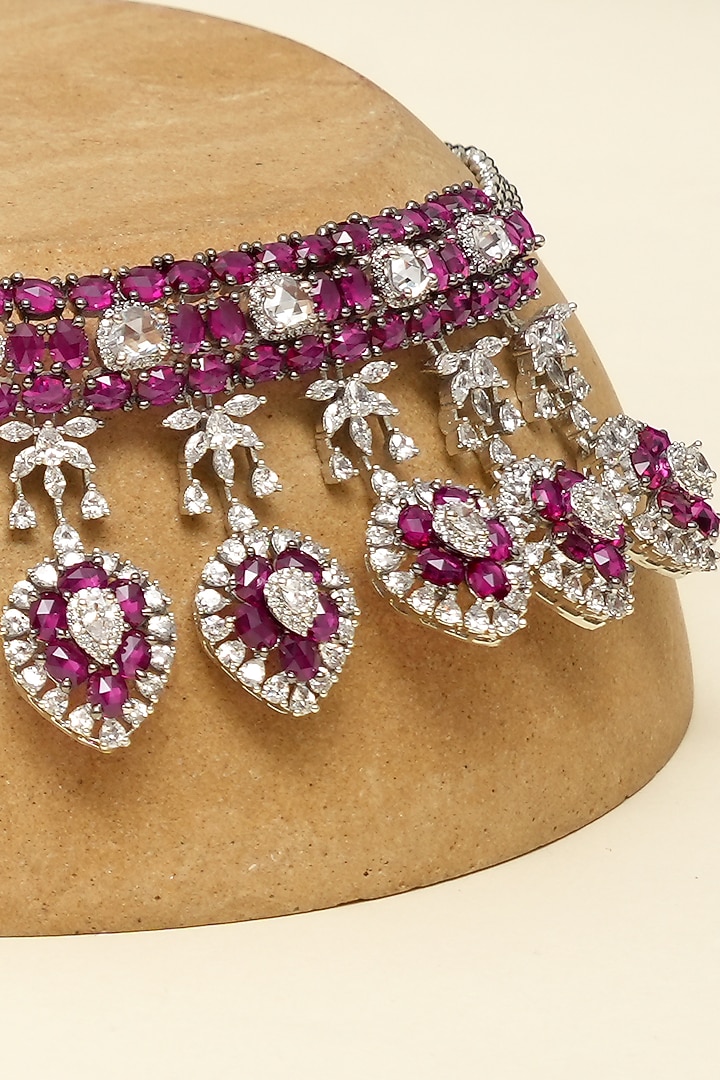 Silver Finish Zircon & Ruby Stone Necklace Set by Beryachi at Pernia's Pop Up Shop