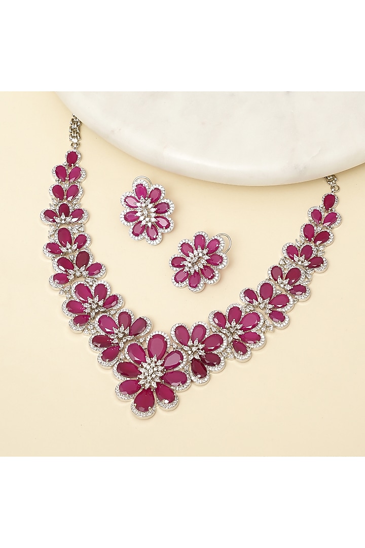 Silver Finish Zircon & Ruby Stone Necklace Set by Beryachi at Pernia's Pop Up Shop