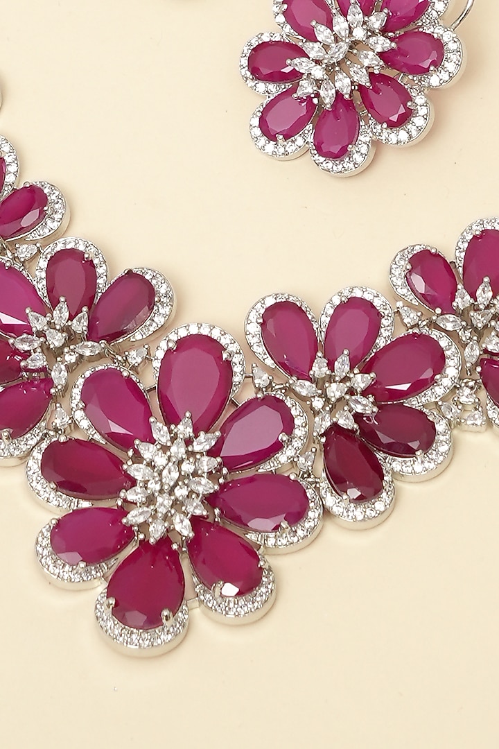 Silver Finish Zircon & Ruby Stone Necklace Set by Beryachi at Pernia's Pop Up Shop