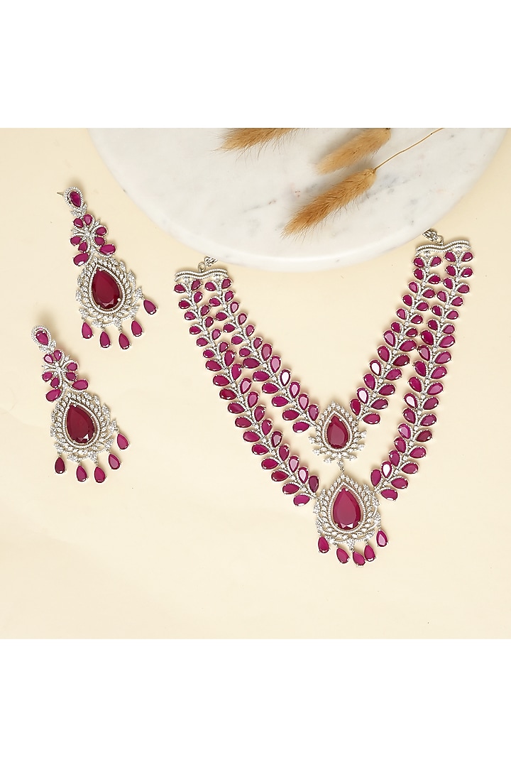 Silver Finish Zircon & Ruby Stone Necklace Set by Beryachi at Pernia's Pop Up Shop