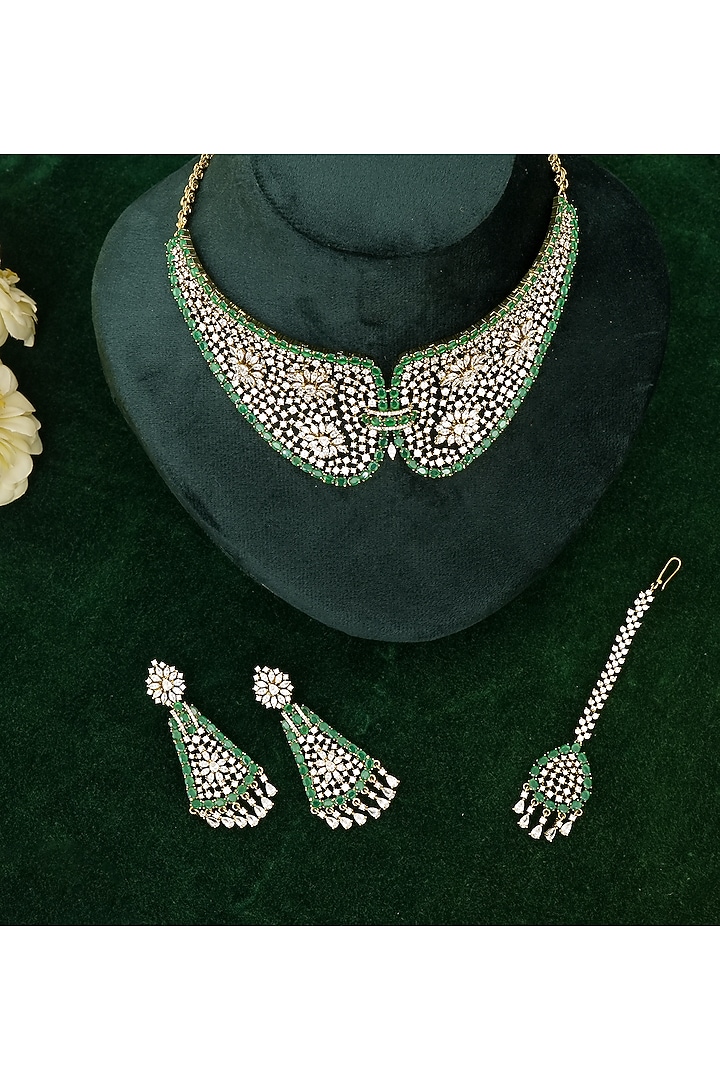 Silver Finish Zircon & Emerald Stone Necklace Set by Beryachi at Pernia's Pop Up Shop