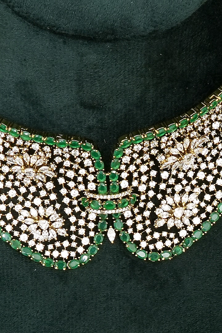 Silver Finish Zircon & Emerald Stone Necklace Set by Beryachi at Pernia's Pop Up Shop
