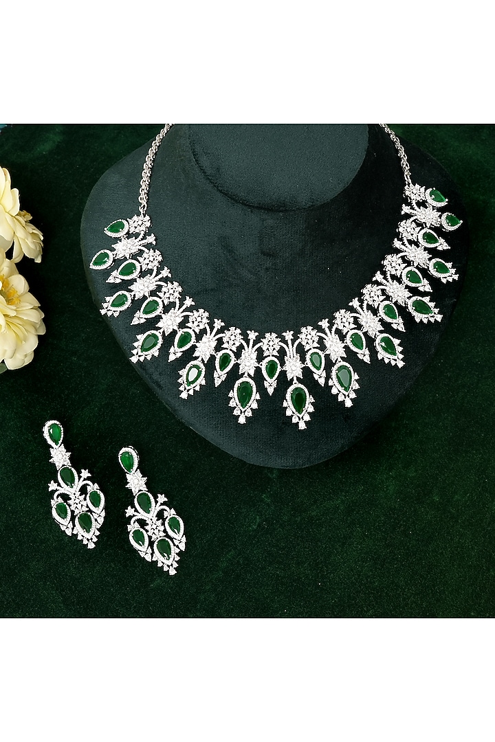 Silver Finish Zircon & Emerald Stone Necklace Set by Beryachi at Pernia's Pop Up Shop