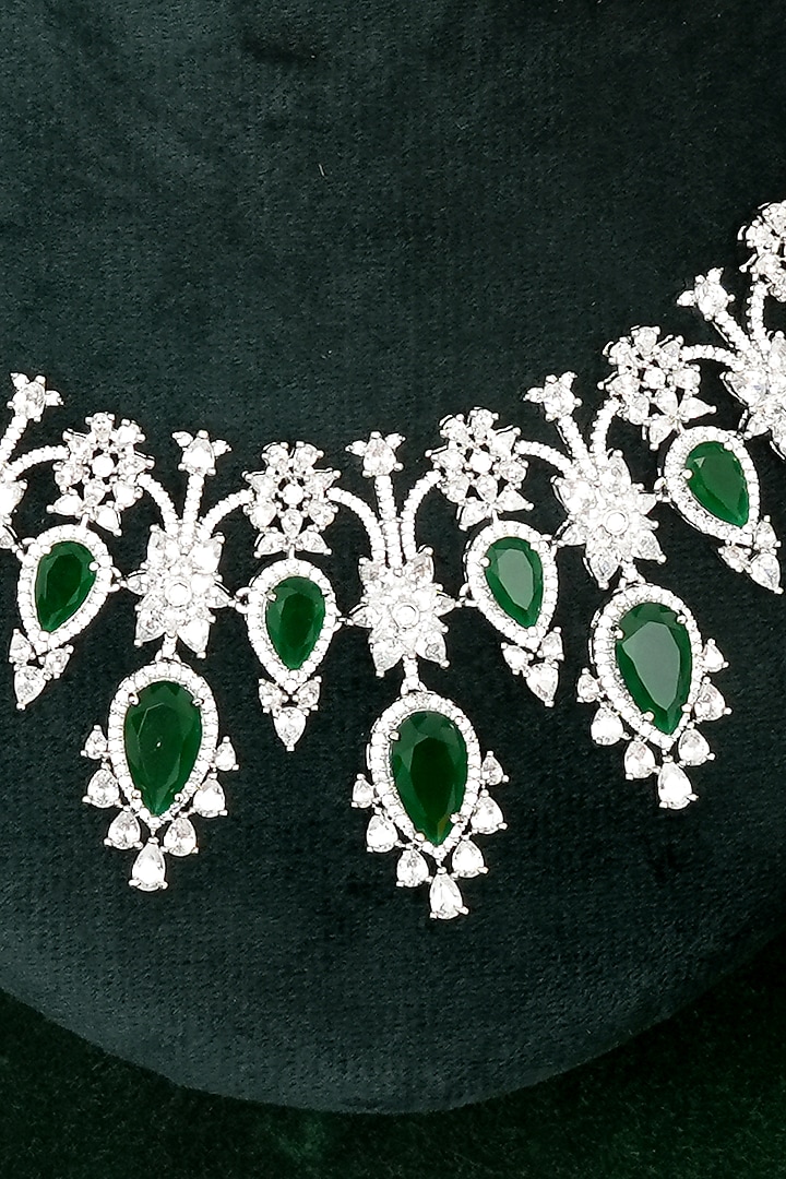 Silver Finish Zircon & Emerald Stone Necklace Set by Beryachi at Pernia's Pop Up Shop