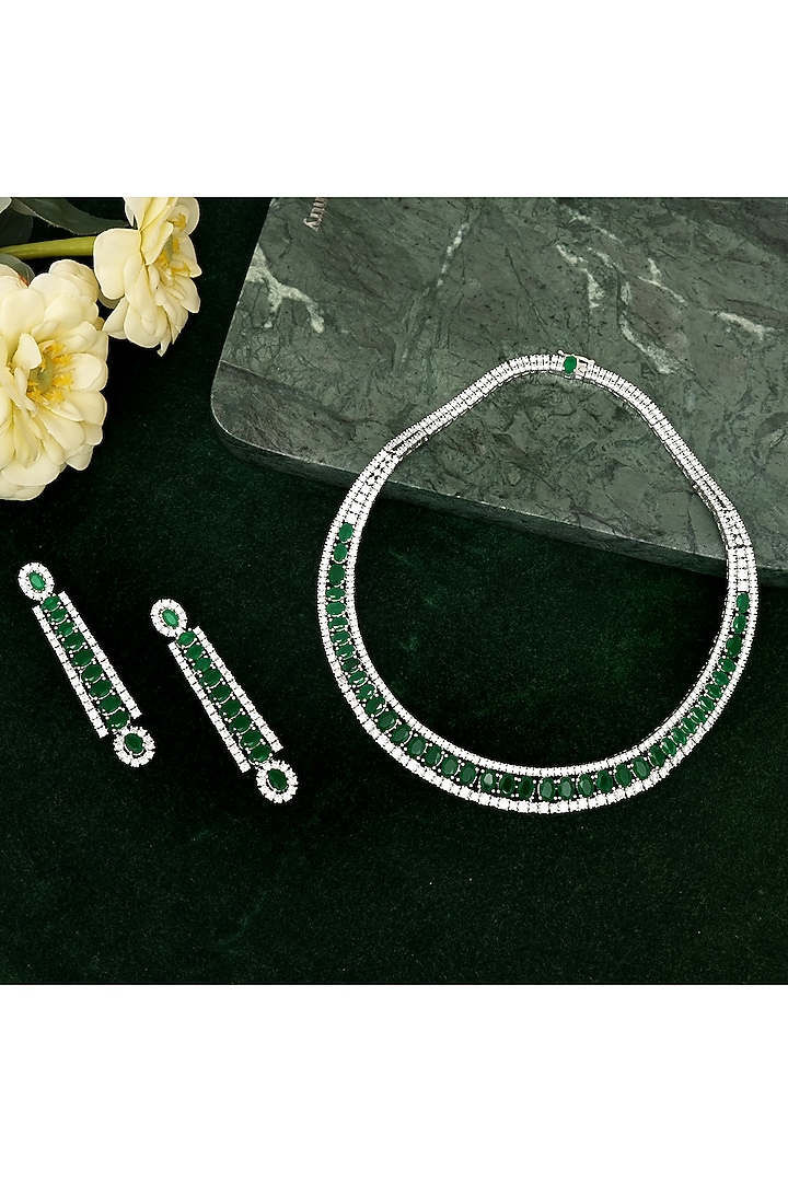 Silver Finish Zircon & Emerald Stone Necklace Set by Beryachi at Pernia's Pop Up Shop