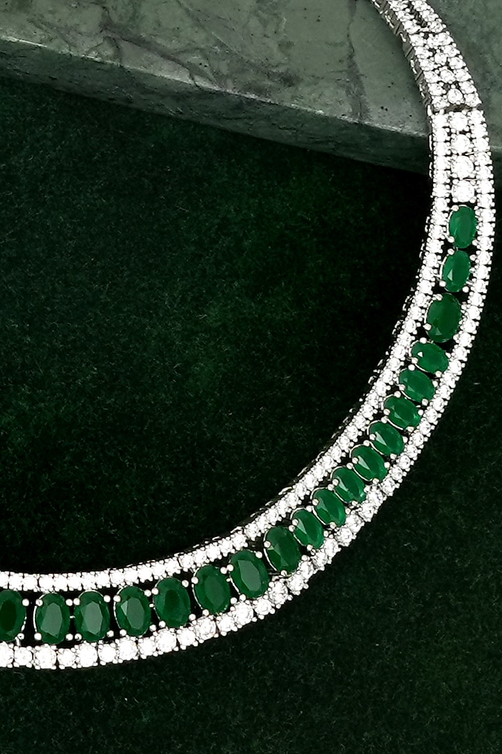 Silver Finish Zircon & Emerald Stone Necklace Set by Beryachi at Pernia's Pop Up Shop
