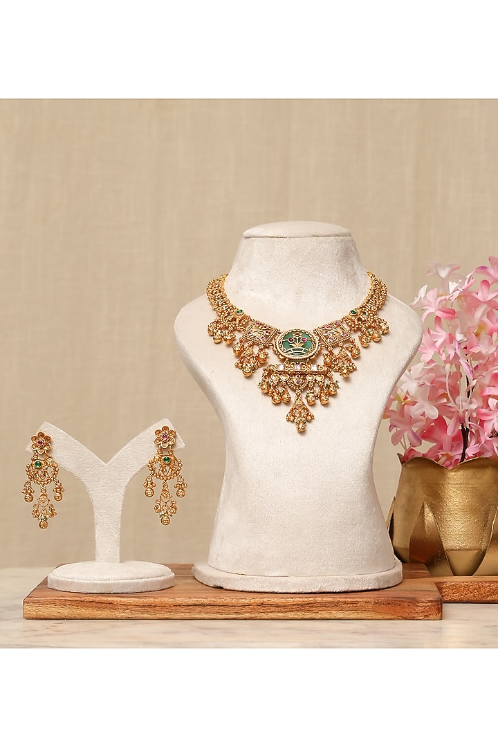 Gold Plated Kundan Polki & Multi-Colored Stone Necklace Set by Beryachi at Pernia's Pop Up Shop