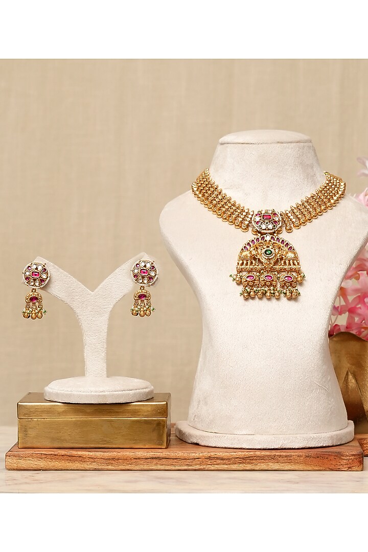 Gold Plated Kundan Polki & Multi-Colored Stone Necklace Set by Beryachi at Pernia's Pop Up Shop
