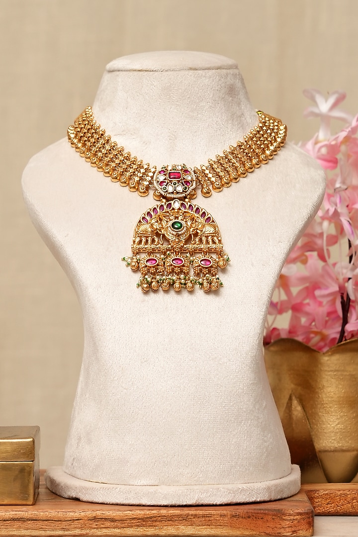 Gold Plated Kundan Polki & Multi-Colored Stone Necklace Set by Beryachi at Pernia's Pop Up Shop