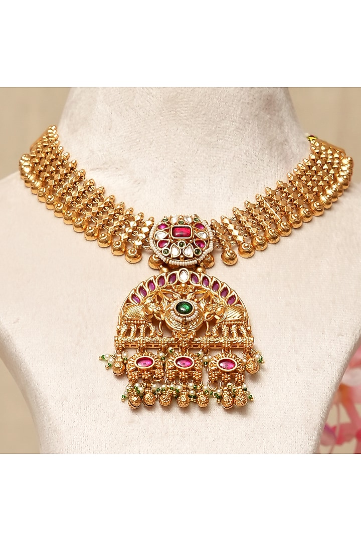 Gold Plated Kundan Polki & Multi-Colored Stone Necklace Set by Beryachi at Pernia's Pop Up Shop
