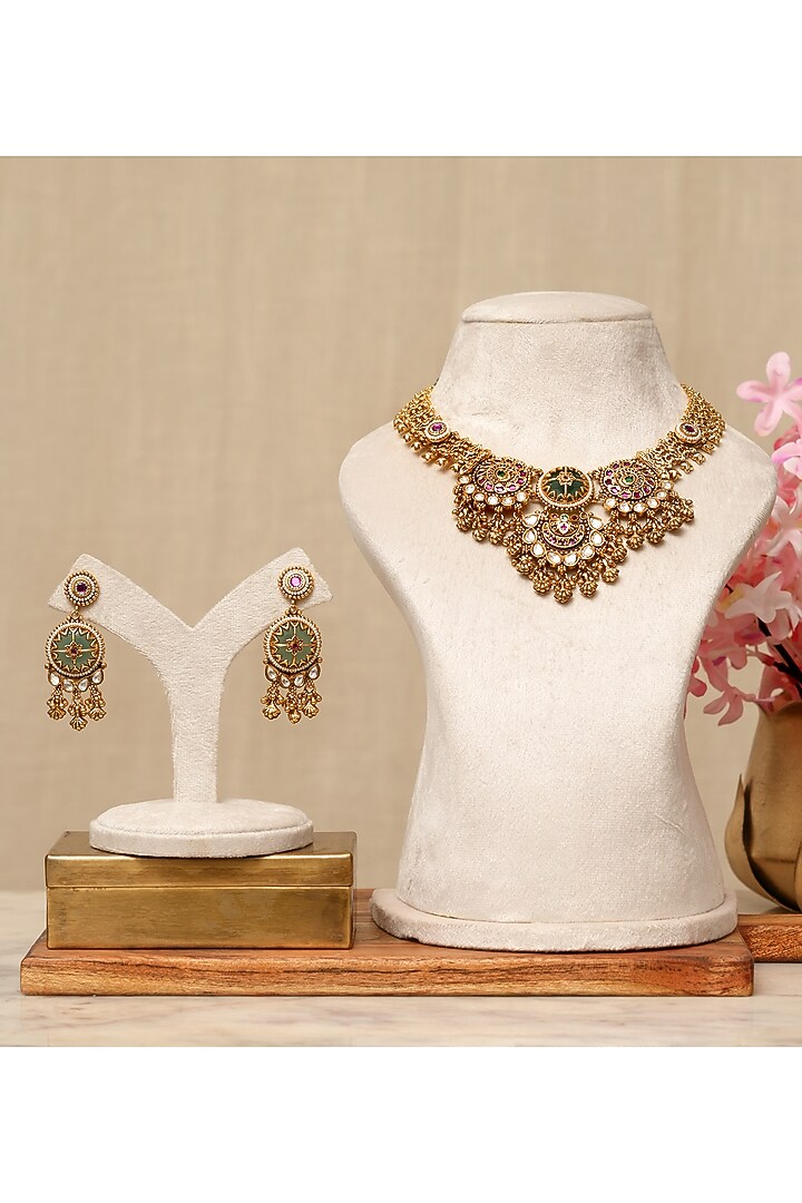 Gold Plated Kundan Polki & Multi-Colored Stone Necklace Set by Beryachi at Pernia's Pop Up Shop