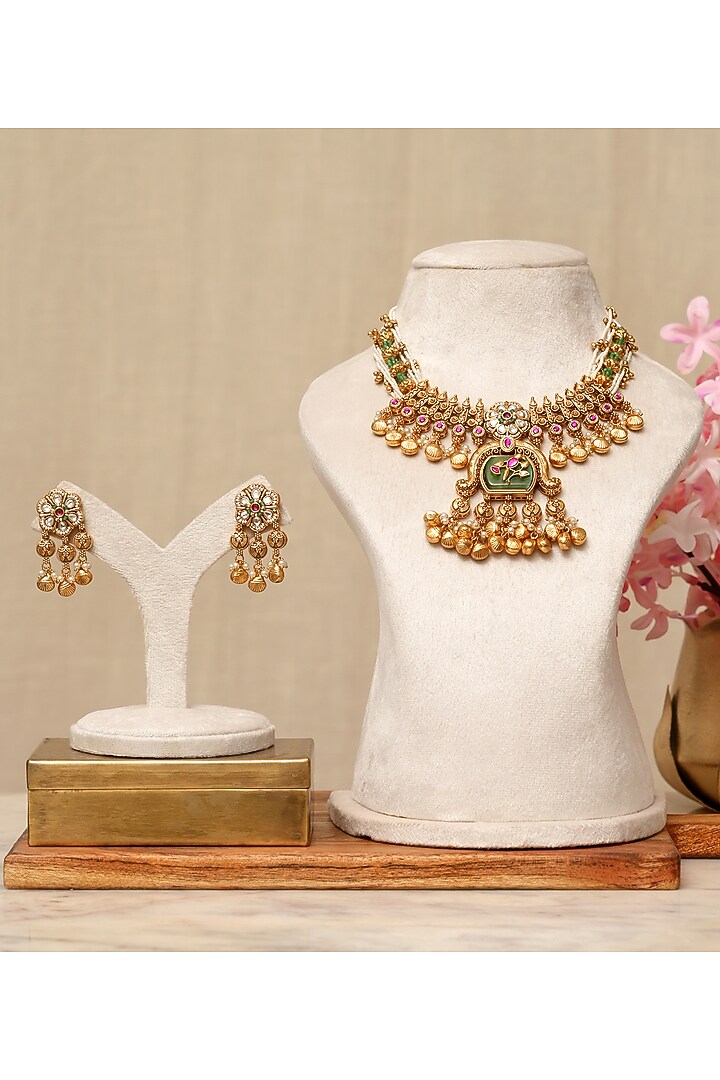 Gold Plated Kundan Polki & Multi-Colored Stone Necklace Set by Beryachi at Pernia's Pop Up Shop