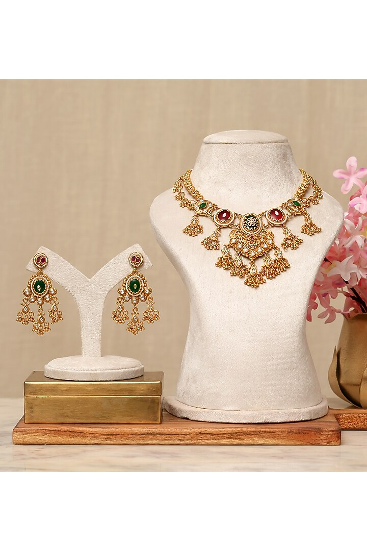 Gold Plated Kundan Polki & Multi-Colored Stone Necklace Set by Beryachi at Pernia's Pop Up Shop