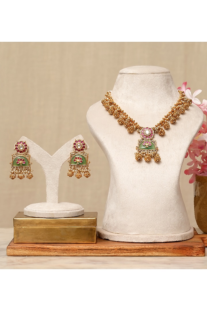 Gold Plated Kundan Polki & Multi-Colored Stone Necklace Set by Beryachi at Pernia's Pop Up Shop