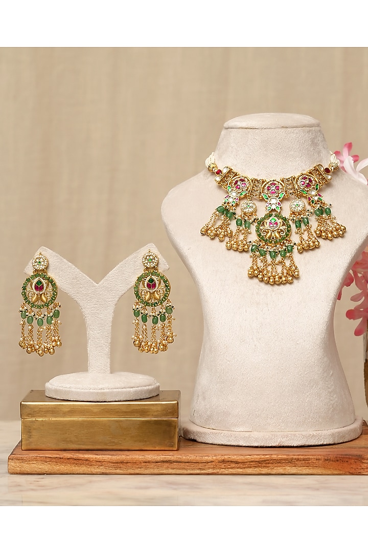 Gold Plated Kundan Polki & Multi-Colored Stone Necklace Set by Beryachi at Pernia's Pop Up Shop