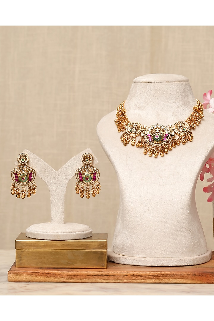 Gold Plated Kundan Polki & Multi-Colored Stone Necklace Set by Beryachi at Pernia's Pop Up Shop