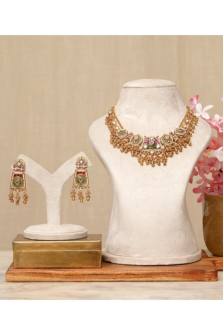 Gold Plated Kundan Polki & Multi-Colored Stone Necklace Set by Beryachi at Pernia's Pop Up Shop