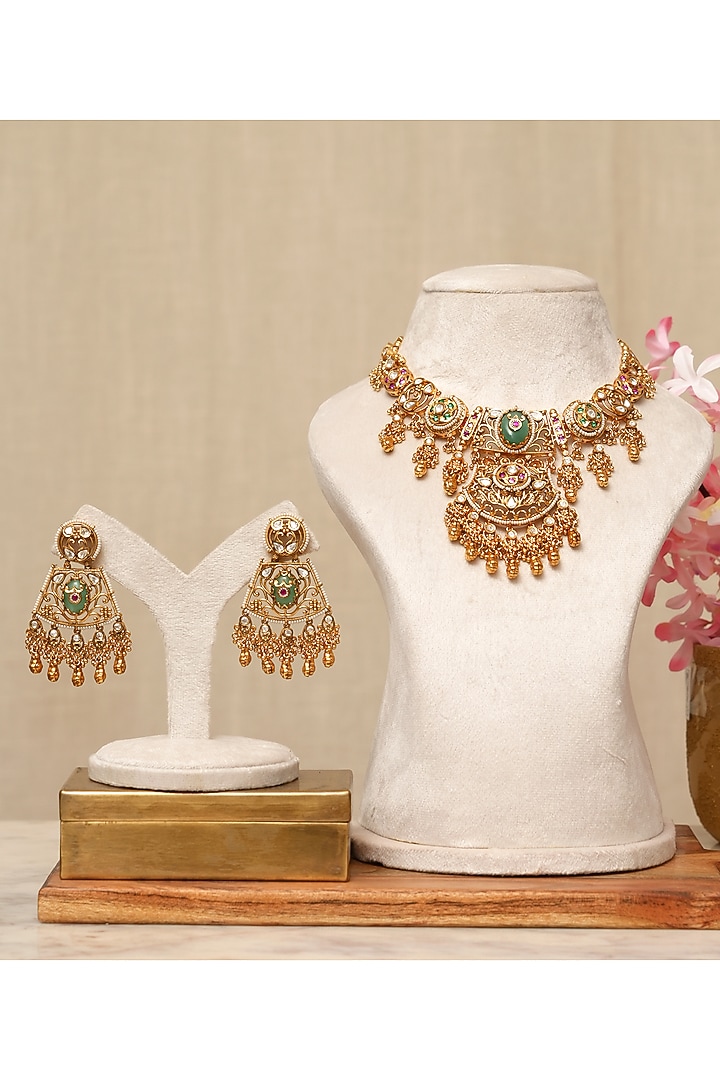 Gold Plated Kundan Polki & Multi-Colored Stone Necklace Set by Beryachi at Pernia's Pop Up Shop