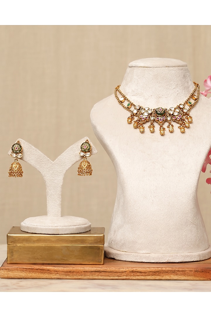 Gold Plated Kundan Polki & Multi-Colored Stone Necklace Set by Beryachi at Pernia's Pop Up Shop