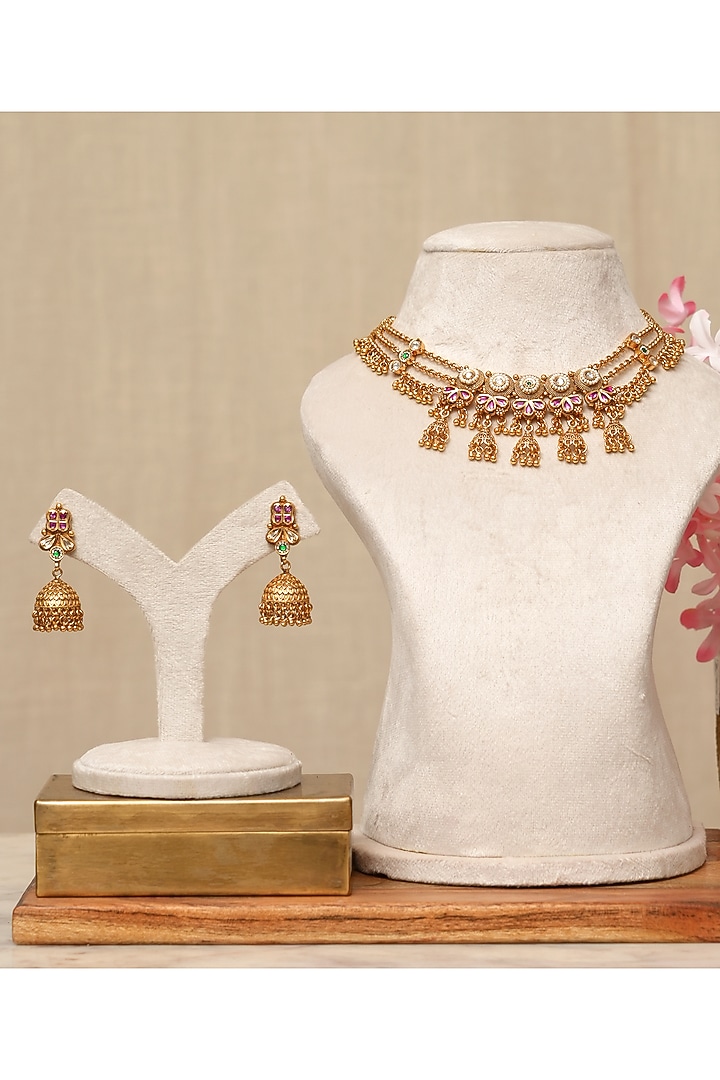 Gold Plated Kundan Polki & Multi-Colored Stone Necklace Set by Beryachi at Pernia's Pop Up Shop