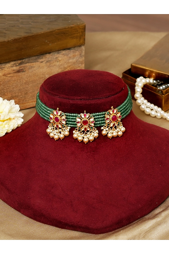 Gold Finish Pachi Kundan Polki & Green Pearl Choker Necklace Set by Beryachi at Pernia's Pop Up Shop