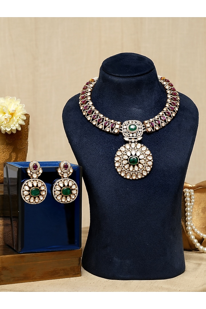 Gold Finish Kundan Polki & Ruby Stone Necklace Set by Beryachi at Pernia's Pop Up Shop