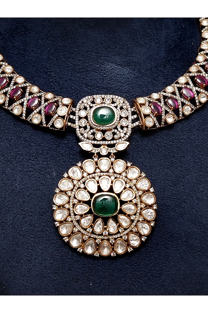 Gold Finish Kundan Polki & Ruby Stone Necklace Set by Beryachi at Pernia's Pop Up Shop