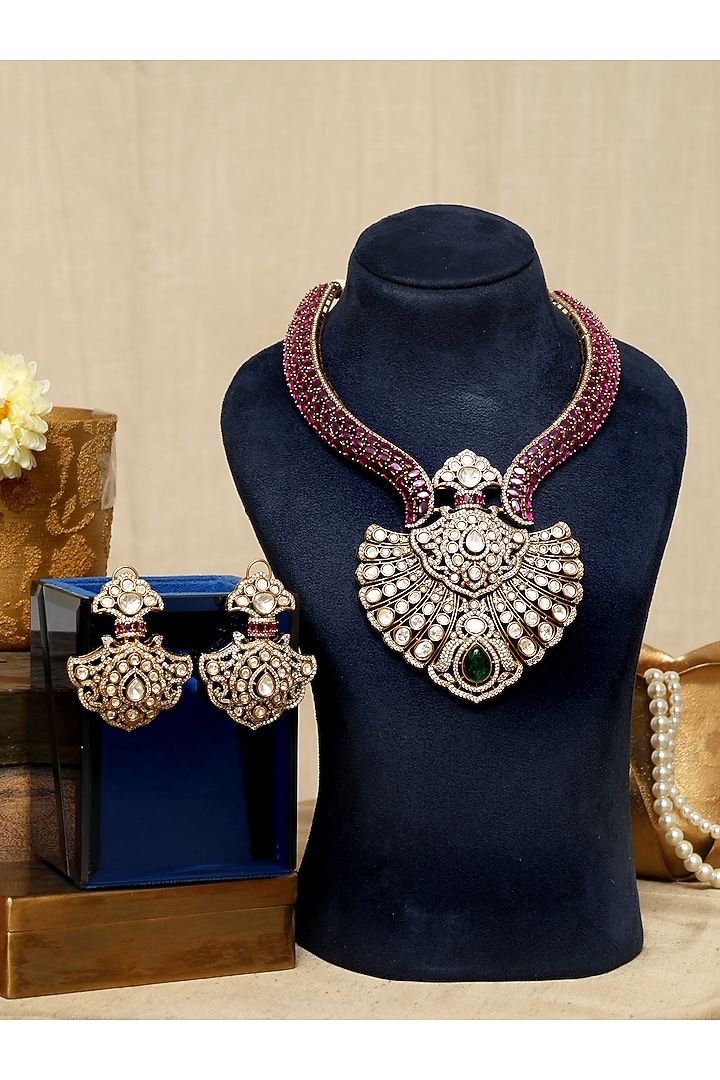Gold Finish Kundan Polki & Ruby Stone Necklace Set by Beryachi at Pernia's Pop Up Shop