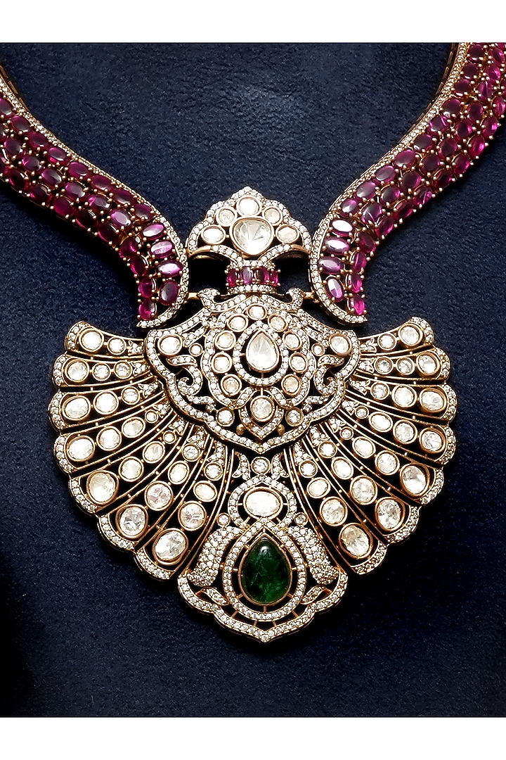 Gold Finish Kundan Polki & Ruby Stone Necklace Set by Beryachi at Pernia's Pop Up Shop