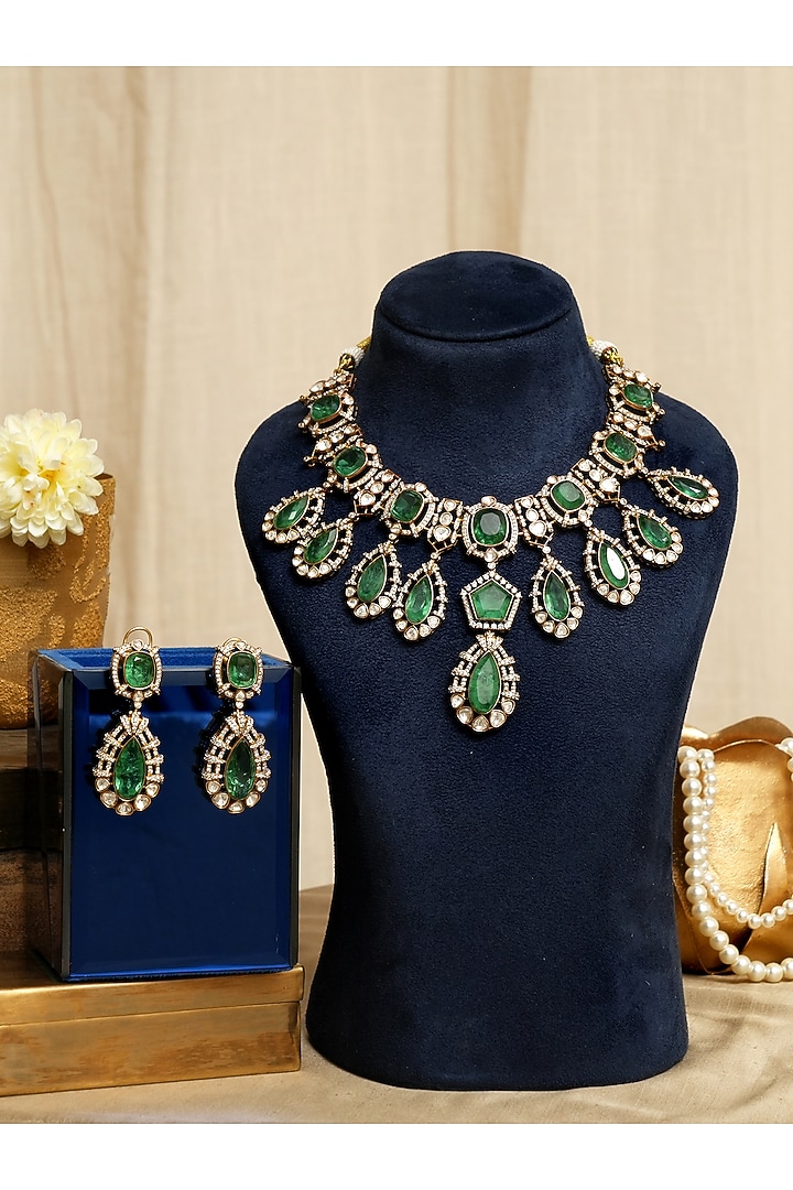 Gold Finish Kundan Polki & Emerald Stone Necklace Set by Beryachi at Pernia's Pop Up Shop
