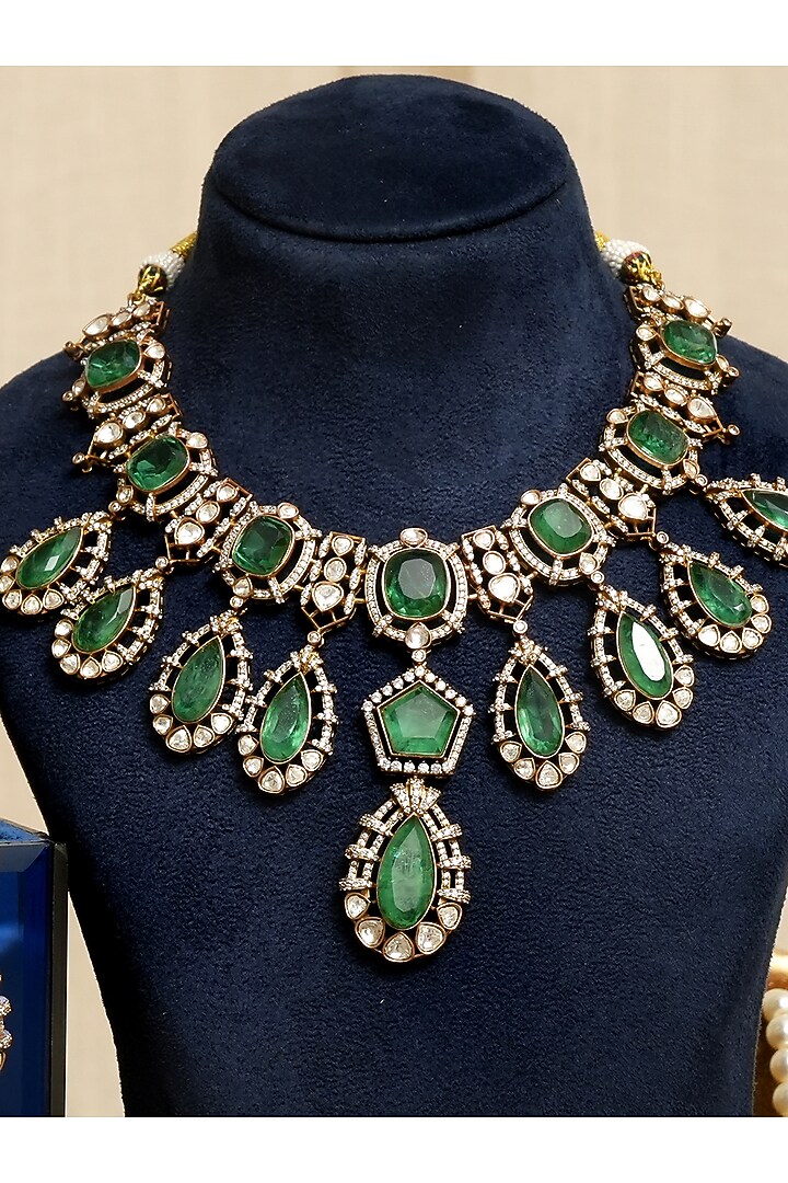 Gold Finish Kundan Polki & Emerald Stone Necklace Set by Beryachi at Pernia's Pop Up Shop